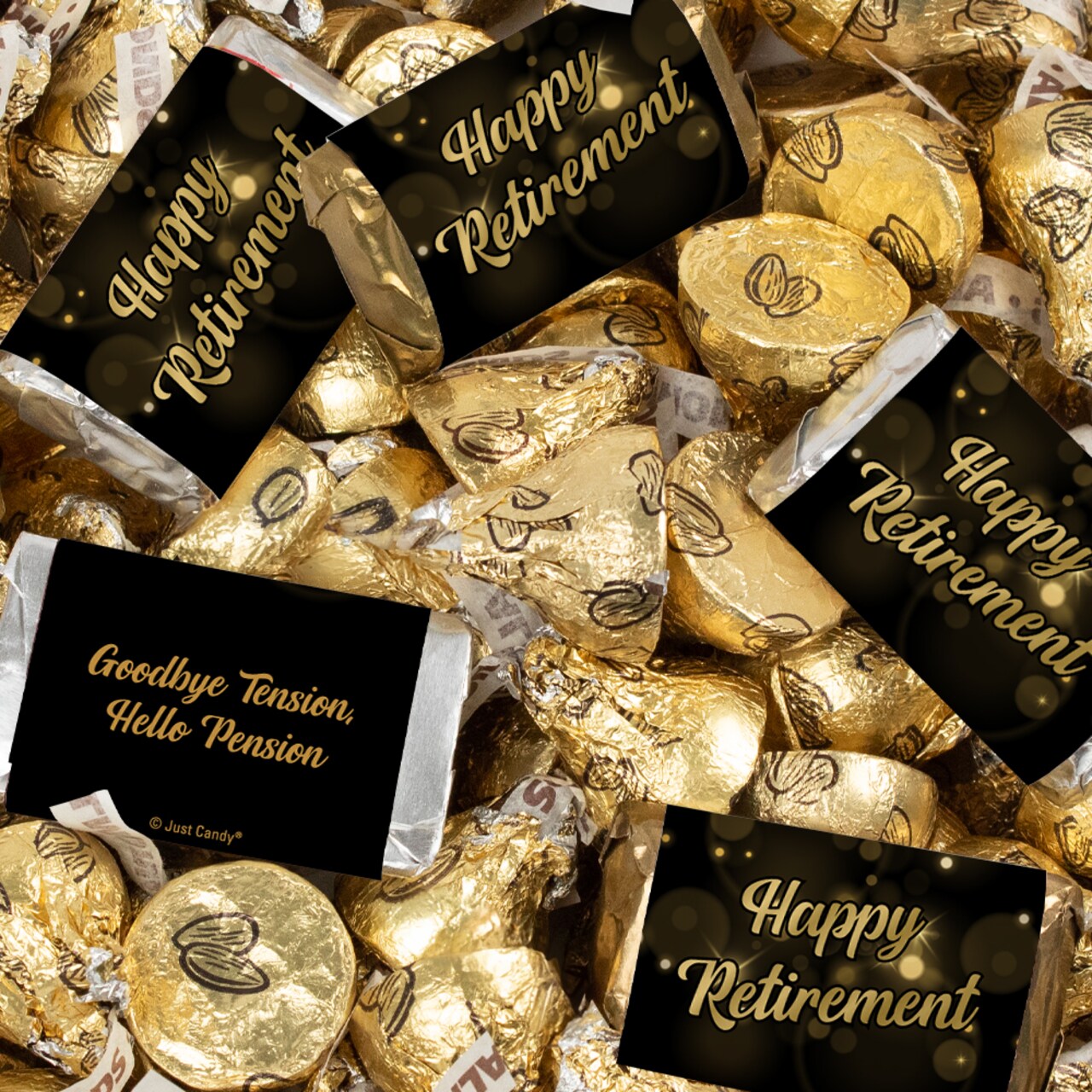 Happy Retirement Black & Gold Candy Mix - Wrapped Chocolate Miniature Bars & Gold Foiled Almond Milk Chocolate Kisses for Celebratory Party Favors & Gifts